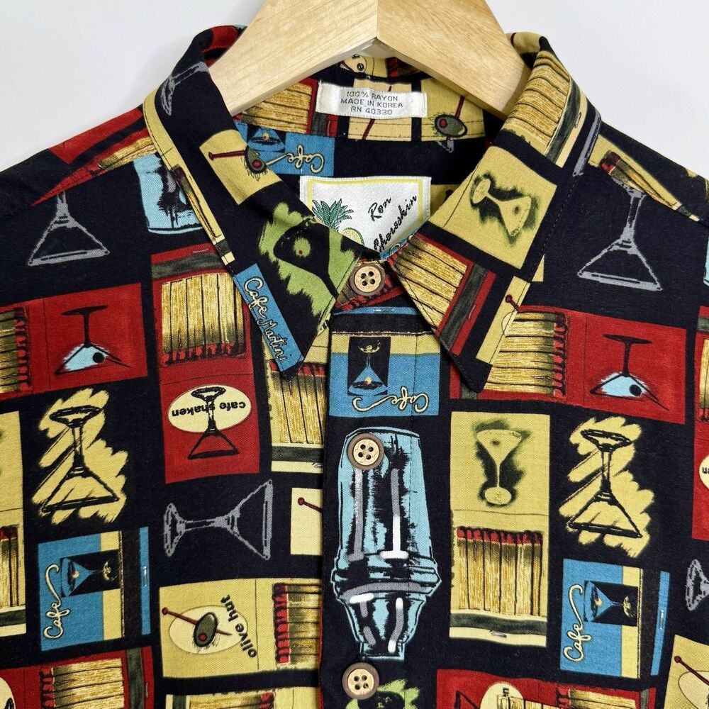 RON CHERESKIN Short Sleeve Button Down Shirt Men's Large Black Mixed Drinks